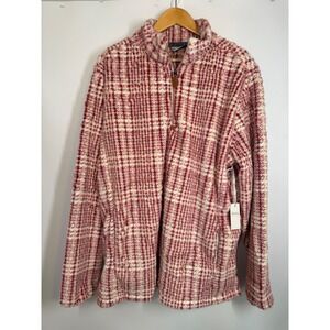 NWT Katydid Rabbit Faux Fur XXL‎ 2X Plaid Quarter Zip Pullover Pink Cream Jacket